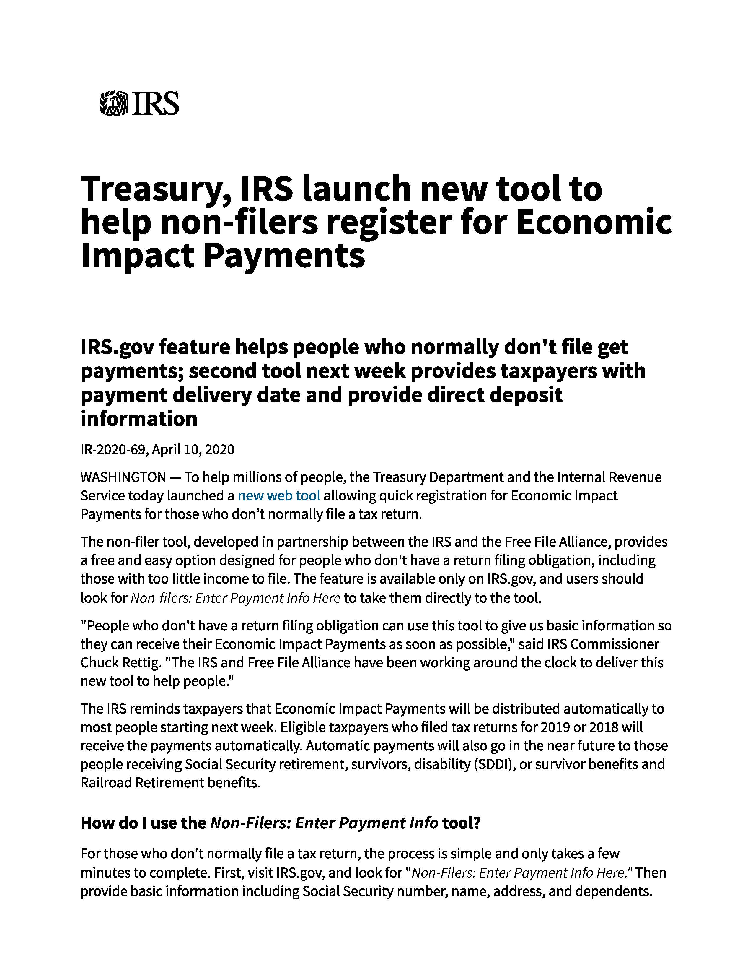 Treasury, IRS launch new tool to help non-filers register for Economic Impact Payments